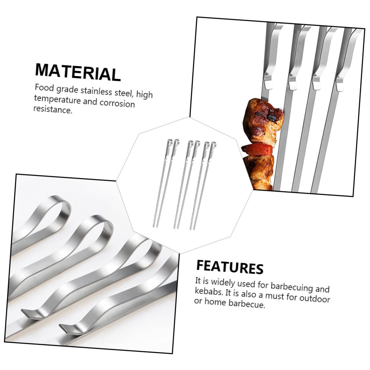 SePkus 6 Stück stiftclipförmige Backstäbchen, wiederverwendbar, Kabob-Stäbchen, Grill-Kabob-Stäbchen, Bratstäbchen, Grillnadel, Grillspieß, Schweinebraten, Grillspieß, Edelstahl-Grill-Lammstäbchen