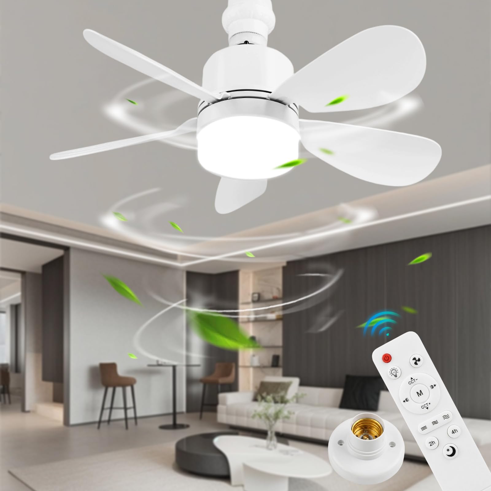 Ceiling Fan Light, E27/B22 Ceiling Fan with Light and Remote, 3 Speeds 3 Colors Dimmable Adjust, 42cm/52cm Light Bulb Fan, Ceilings Lamp for Bedroom Kitchen Living Room