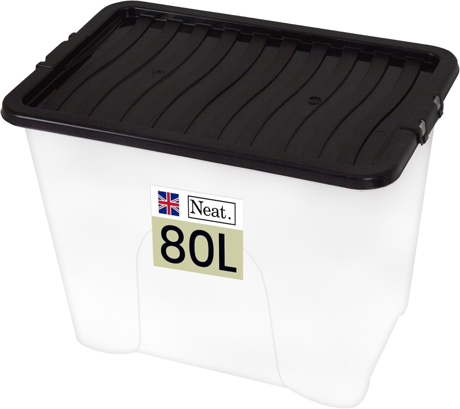 Neat. Plastics Large Plastic Storage Box With Black Clip-On Lids, Durable & Stackable Organizing Box Container For Home, Garage & Office, Single