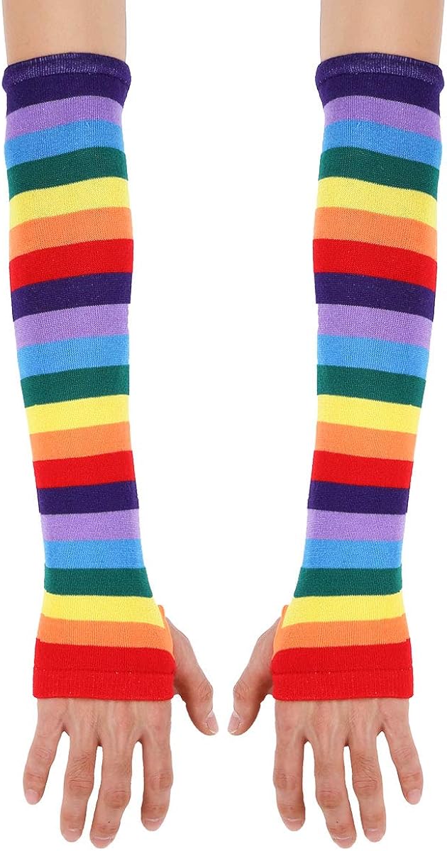 Freebily Women Girls Colorful Rainbow Striped Knee Thigh High Socks/Arm Warmer Gloves for Halloween Costume Fun Party Arm Warmer One Size at  Women’s Clothing store