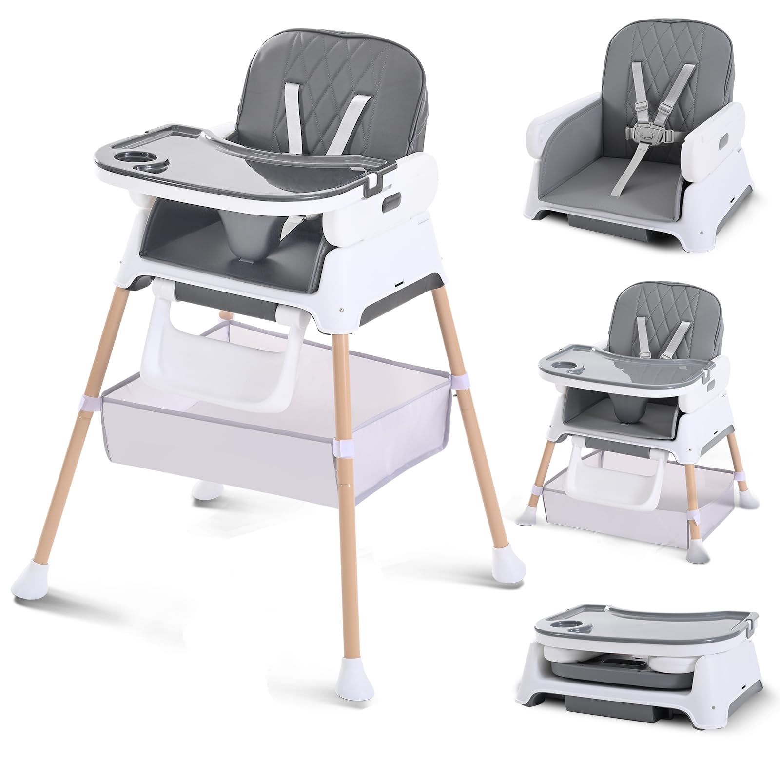 Hochstuhl Baby, Verstellbare Umwandelbare 3 in 1 Kinderhochstuhl, Tragbare Kompakte Baby Kleinkind Fütterung Stuhl Reise Hochstuhl Booster für Kleinkind, von 6 Monaten bis 3 Jahren Grau