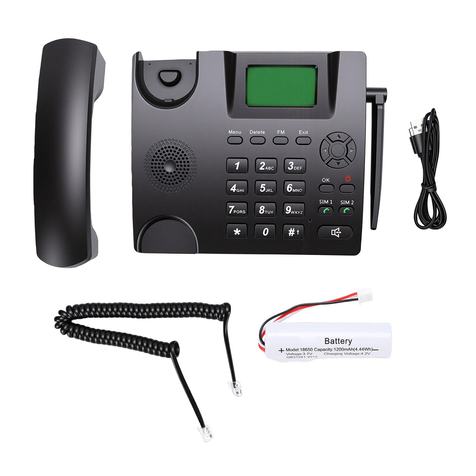Telefono fisso cordless Dual SIM GSM 2G, nero | Telefono da scrivania con batteria integrata da 1200 mAh e funzione sveglia, rubrica da 500 contatti, ideale per la casa