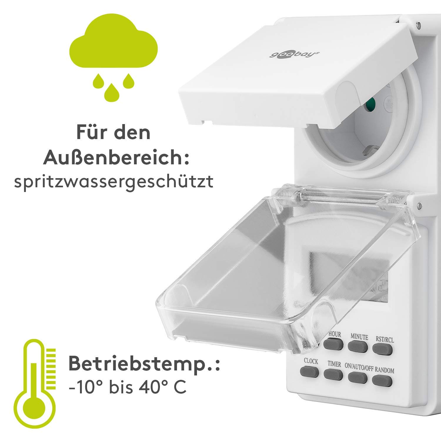 Goobay 55546 Timer digitale per esterni - IP44 - programmabile - 10 programmi di commutazione - display LCD - batteria di riserva per 4 giorni - set di 3 - Versione Tedesca