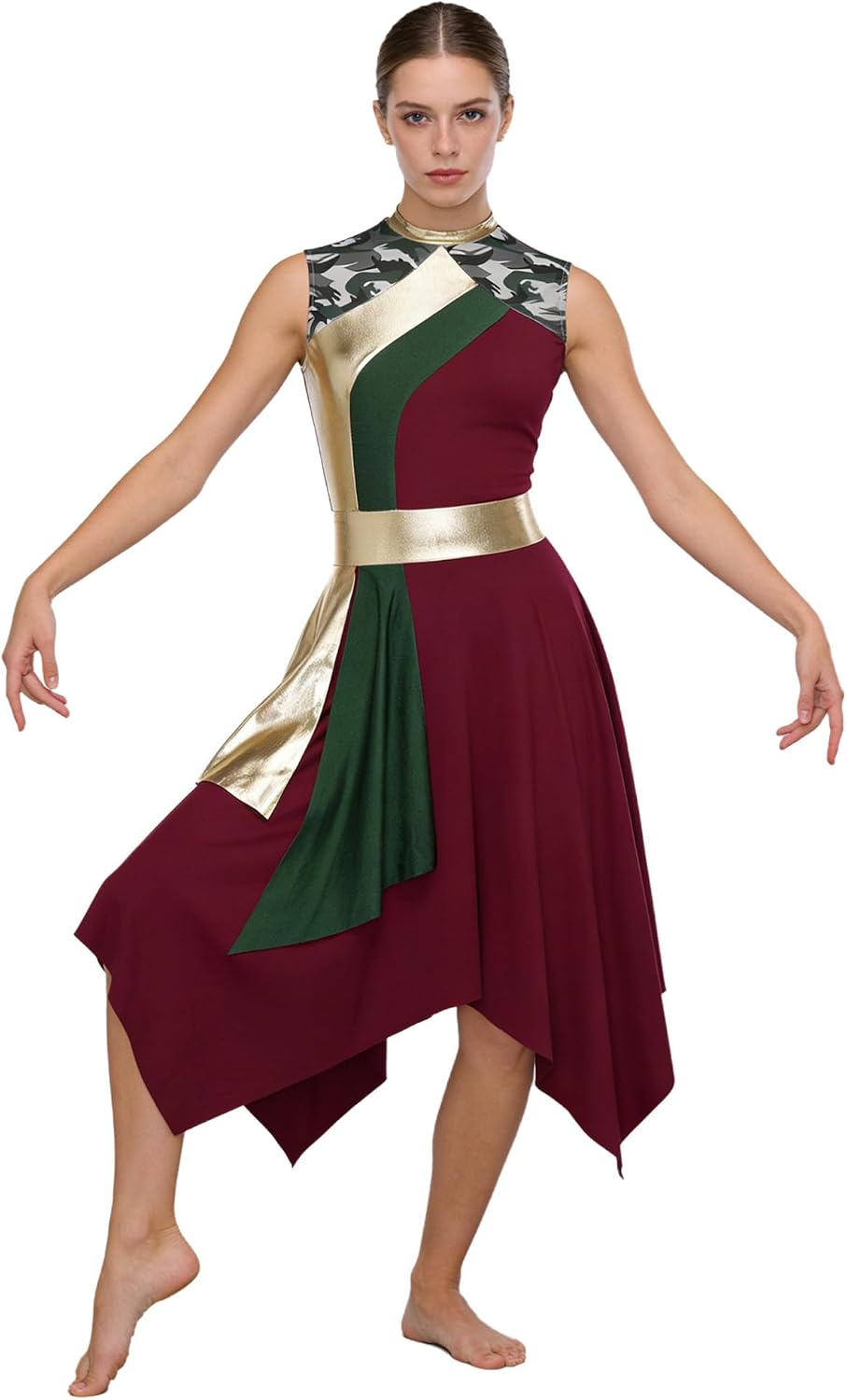 JEATHA Women Praise Dance Dress Church Liturgical Lyrical Costume Color Block Printed Irregular Flowy Skirt Dress