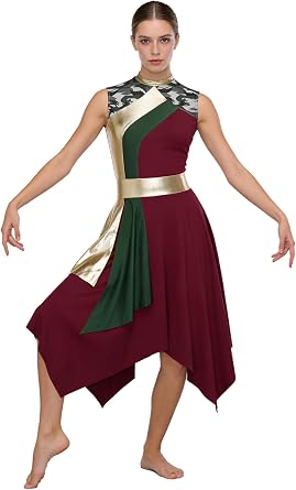 Jugaoge Women Praise Dance Dress Church Worship Dancewear Irregular Flowy Skirt Color Block Liturgy Tunic Dress