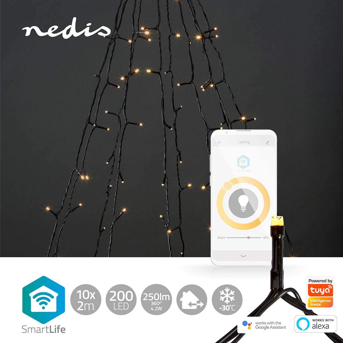 Nedis SmartLife Dekoracyjna lampa LED, drzewo, ciepła biel, 200 diod LED, do użytku na zewnątrz, motyw ruchu, 10 x 2 m, Android/IOS