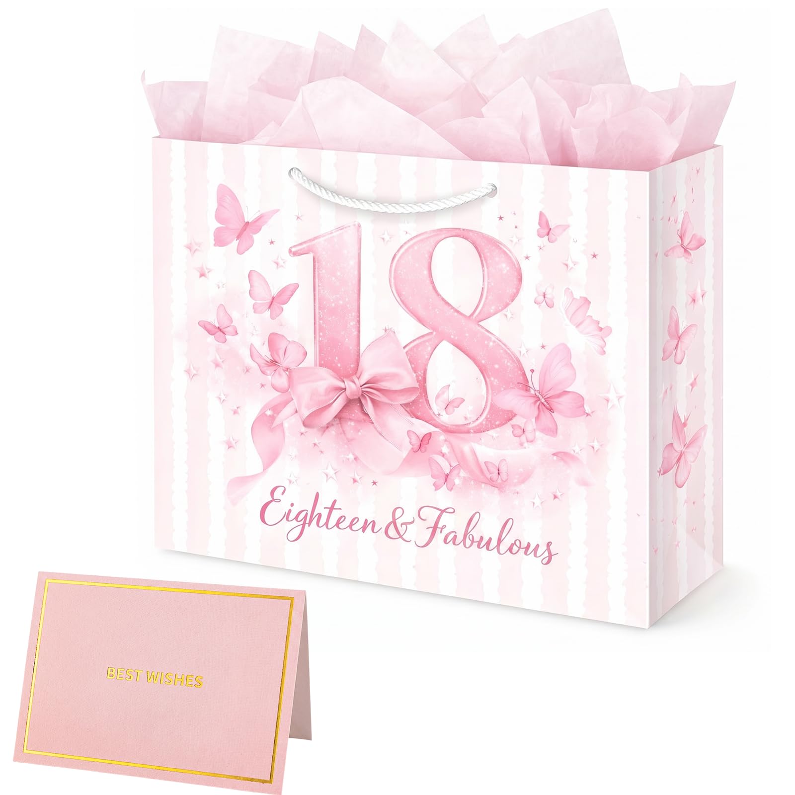18th Pink Birthday Gift Bag for Girls, with Card & Tissue Paper, Eighteen & Fabulous Design for Daughter Niece, 25cm x 20cm x 10cm