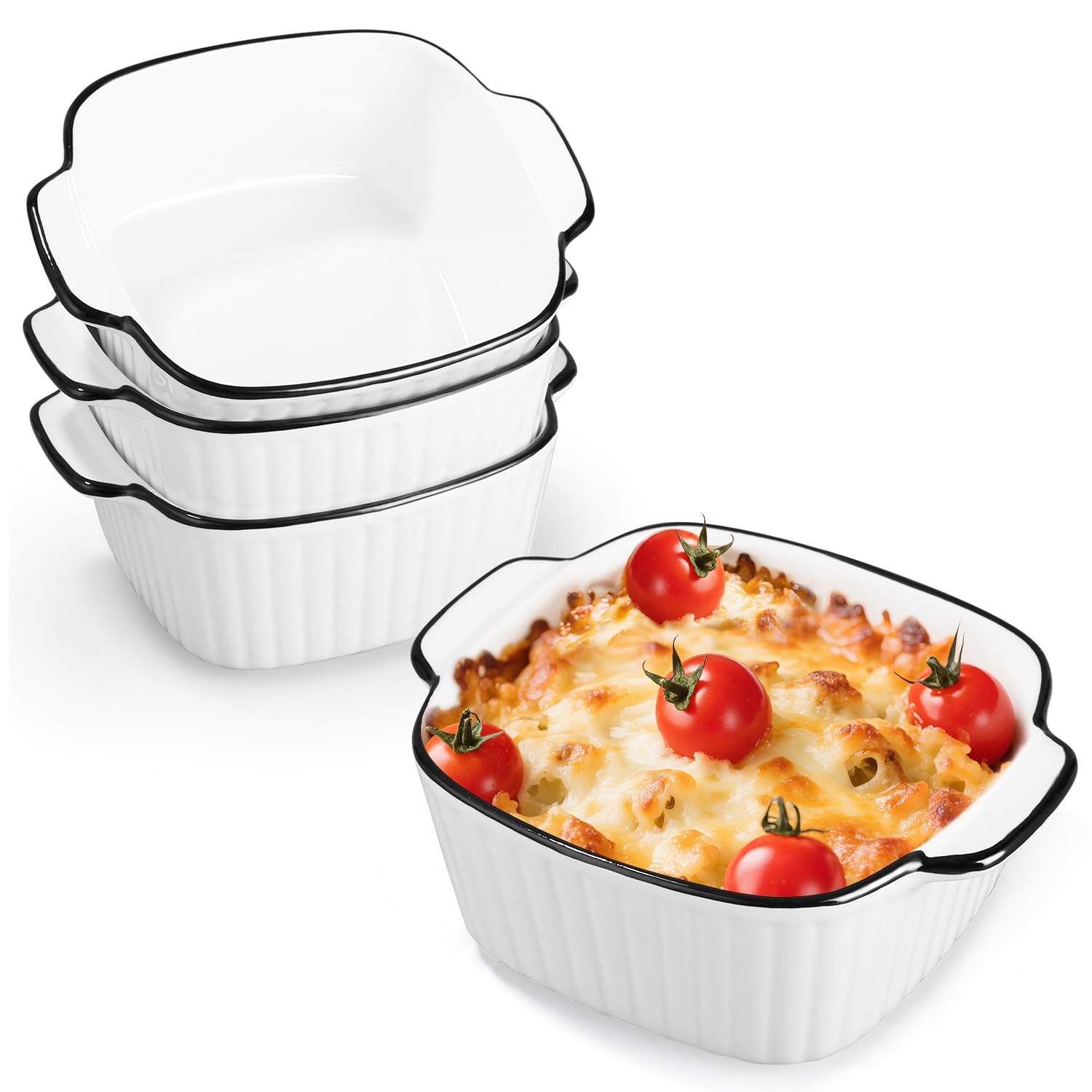 Set of 4 Ceramic Baking Dishes, 400ML Square Baking Dishes, 14.5 x 11.5 x 5.5 cm, Small Ceramic Oven Dish with Handles, for Oven, Air Fryer, Microwave