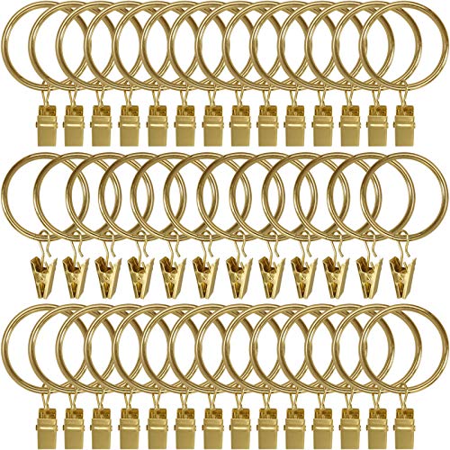Image of AMZSEVEN 40 Pack Metal Curtain Rings with Clips, Drapery Clips Hooks, Decorative Curtain Rod Clips 1.5 in Interior Diameter, Gold