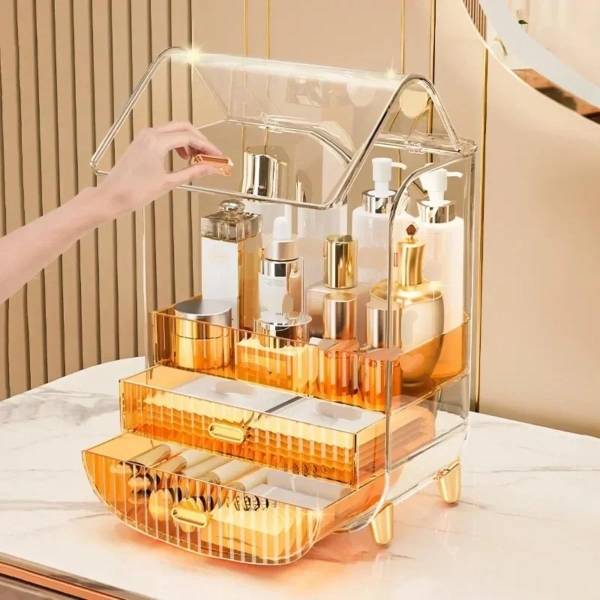 Organizer Trucchi Scatola portaoggetti for trucco, organizer da scrivania antipolvere, organizer for cosmetici, organizer for bagno, organizer for gioielli trasparente Porta Trucchi(White)