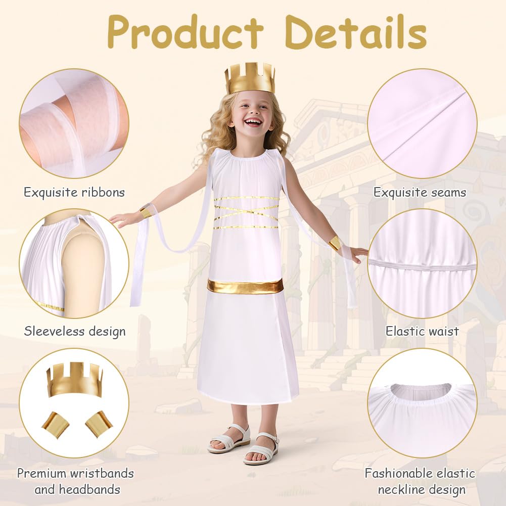 DiULi Greek Costume for Girls,Ancient Greek Roman Goddess Costume Fancy Dress Up Outfits,Novelty White Gold Girls Grecian Costume Set,with Browband Wristband for World Book Day Halloween,130CM - Image 2