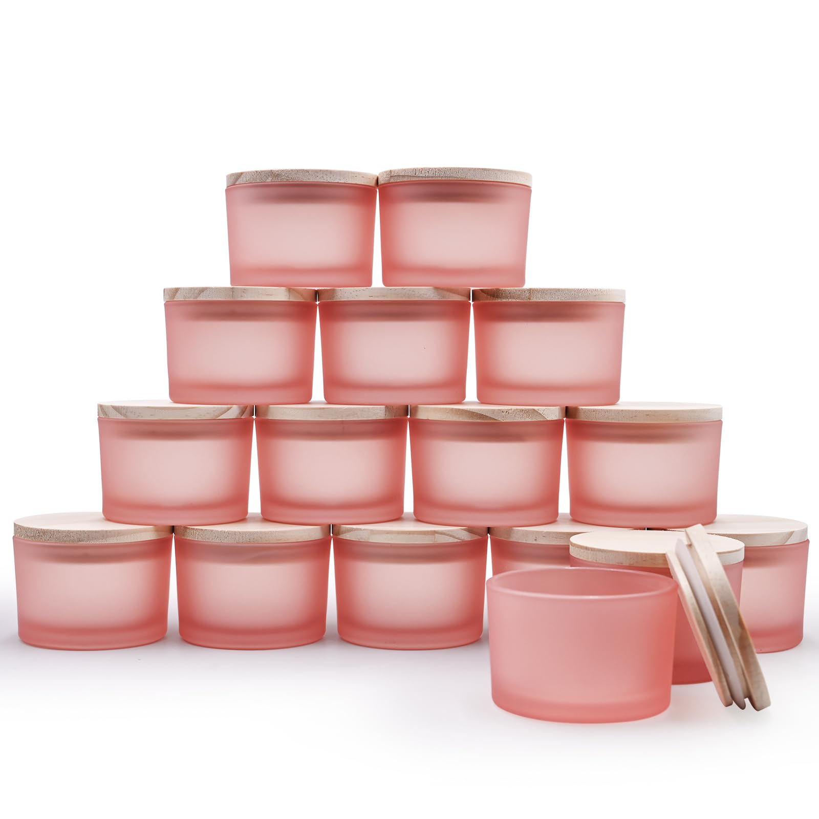 Thick Candle Jars for Making Candles 16 Pcs, 4 OZ Empty Jars with Wood Lids for Candle Making, Sample Container - Dishwasher Safe, Frosted Pink