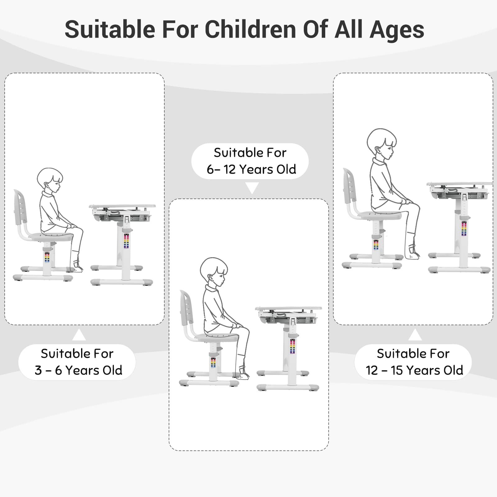 Clevich Kinderschreibtisch Höhenverstellbar, Kinder Schreibtisch und Stuhl Set mit Haken, Multifunktional Schülerschreibtisch Neigbare Tischplatte von 0-40°Schreibtisch Kinder für Zeichnen (Grau)
