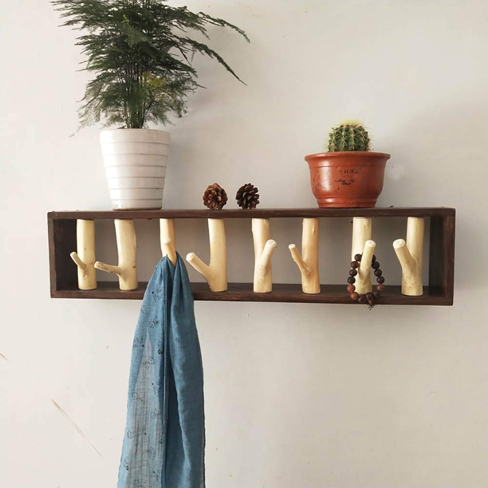 Shelf With Hooks, Solid Wood Bedroom Shelves For Wall, Wooden Coat Rack