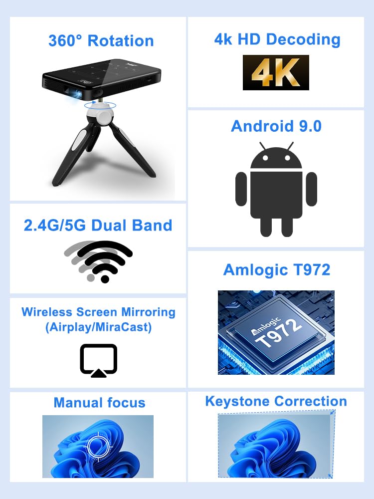 OBA Proiettore DLP Tascabile P09-II, 4K Ultra HD, Android 9.0, Amlogic T972, WiFi Dual Band 2.4G/5G, Batteria 4000mAh, Correzione Trapezoidale, Touch Panel