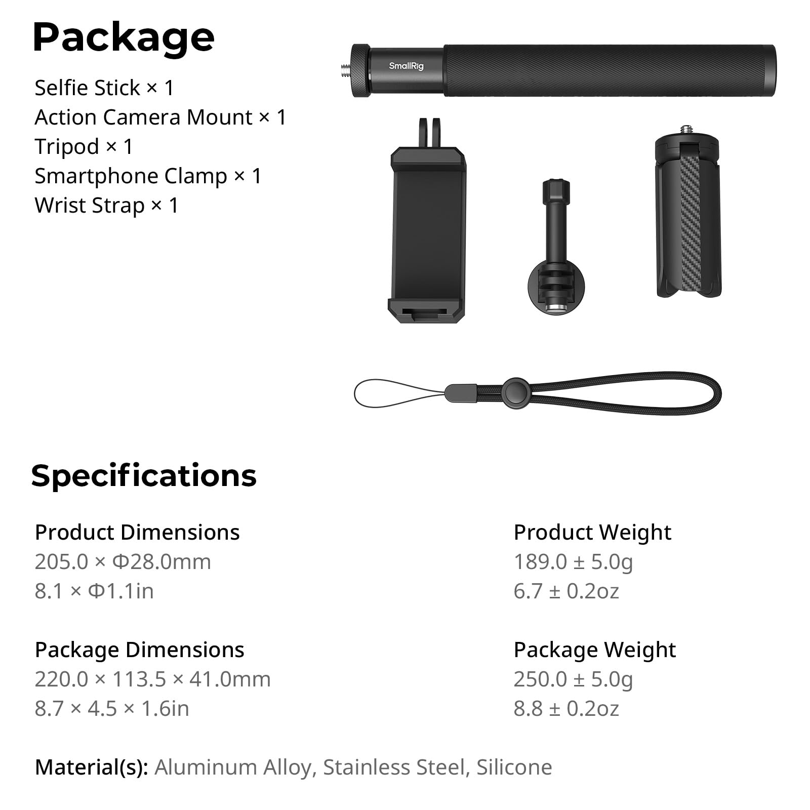 SMALLRIG Selfie Stick for Action Cameras, Extendable 7.8-37.4 inches, with Tripod and Phone Mount Model 5403