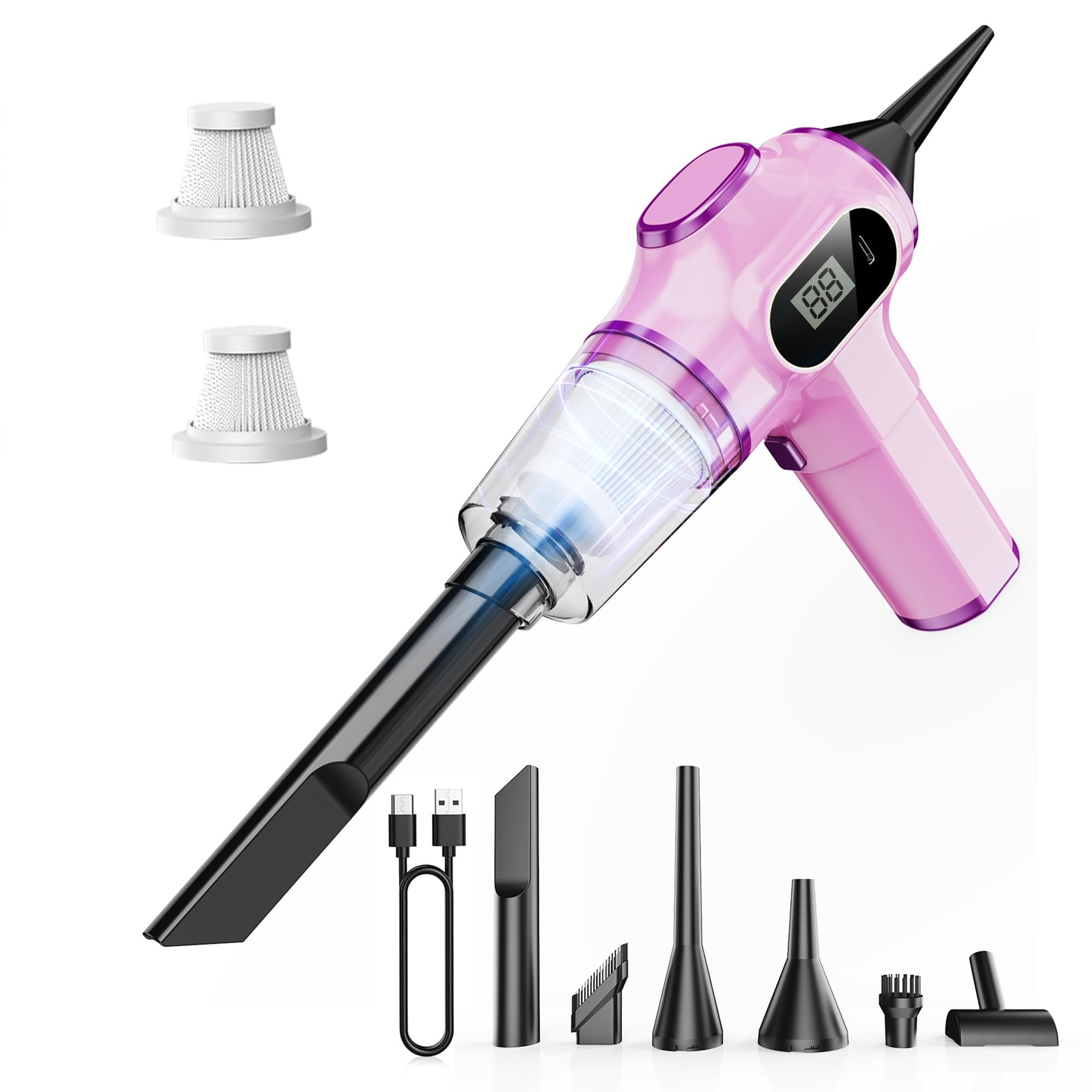 Nikocreos Pink Car Vacuum Cleaner,Portable Mini Cordless Small Handheld Vacuum Cleaner with LCD Display and Multi-Nozzles Powerful Hand Held Vacuums for Car,Pet Hair,Home,Office,Sofa,Keyboard