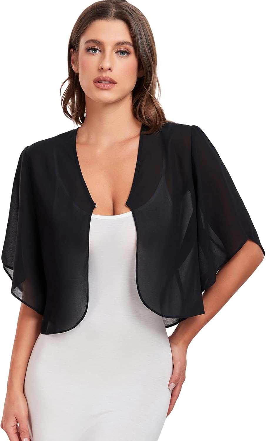 SURVODJA Womens Chiffon Cropped Cardigans Lightweight Sweaters Short Sleeve Bolero Shrugs for Dress - Image 2