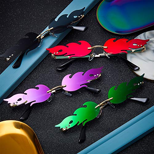 Fire Flame Sunglasses Rimless Flame Shaped Sun Glasses Wave Fire Shaped Glasses for Women Men Party Supplies Photo Props (4 Pairs, Red, Purple, Gray and Green)4