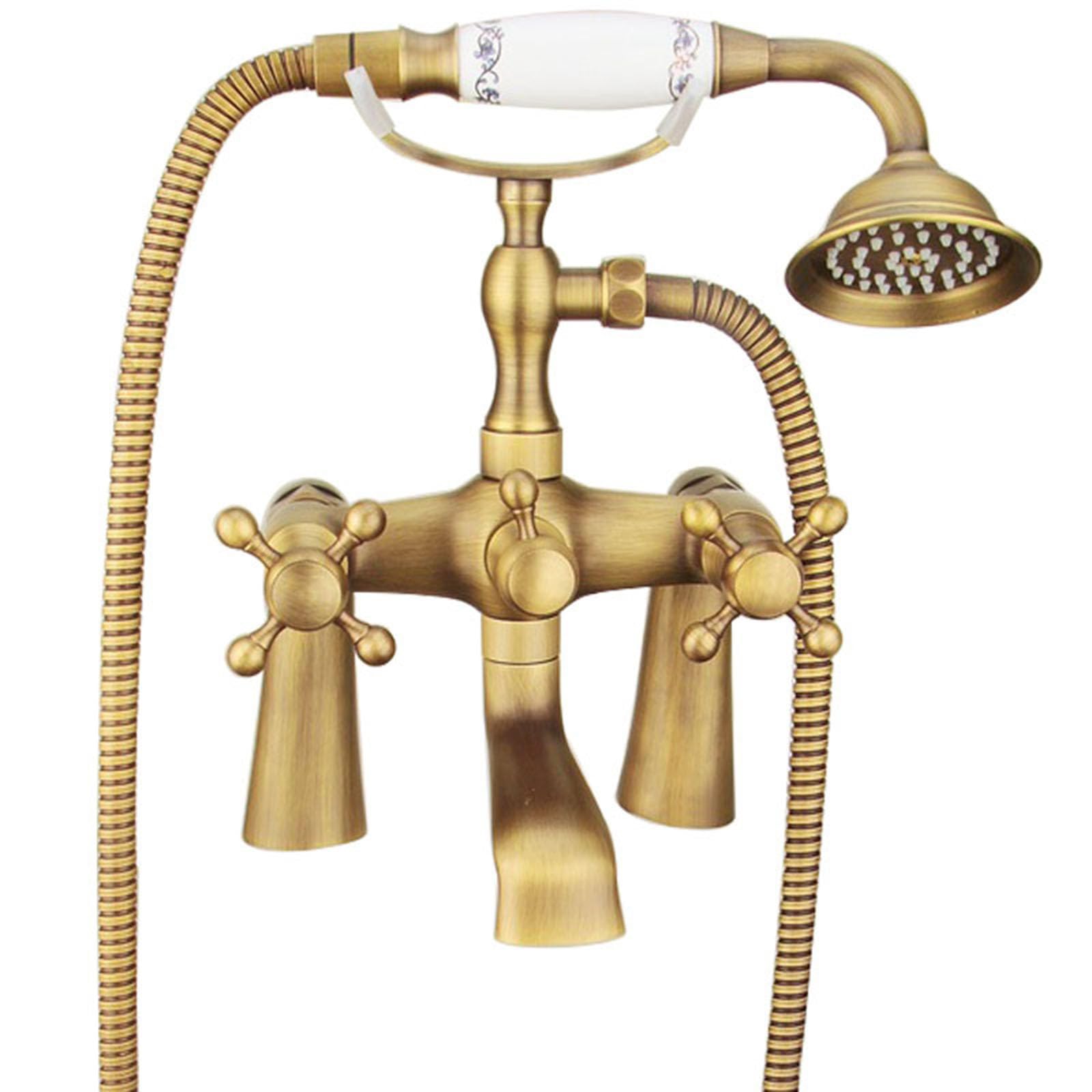 Mitigeur de bain avec douchette à main inverseur double poignée style antique 2 trous