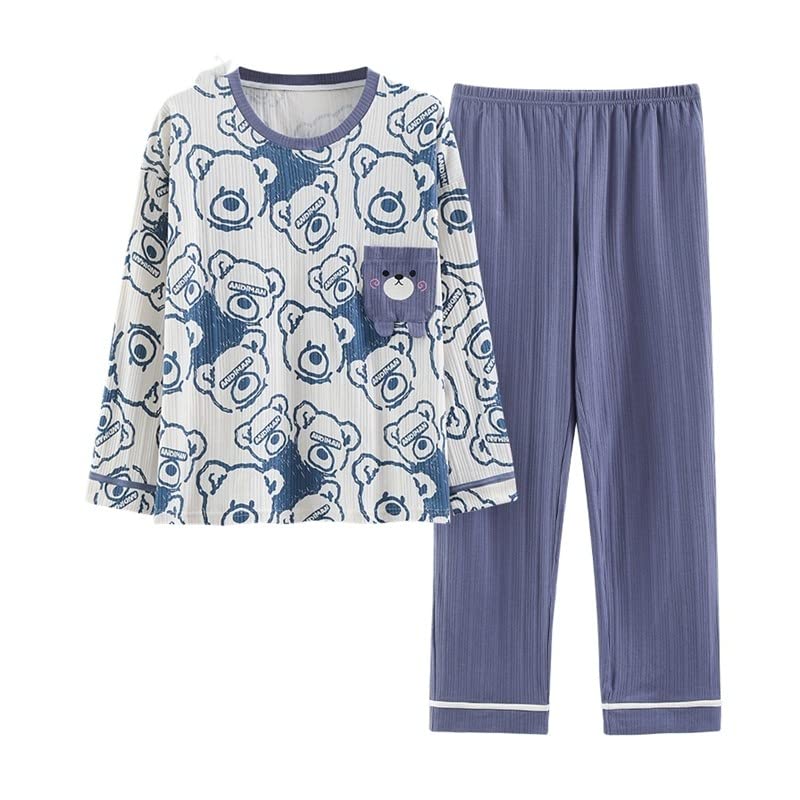 Rqcaxn M-5XL Women Cotton Pajamas Set Autumn Winter Plus Size Sleepwear for Woman Fashion Baby Blue V-Neck Girls Chic Pijamas