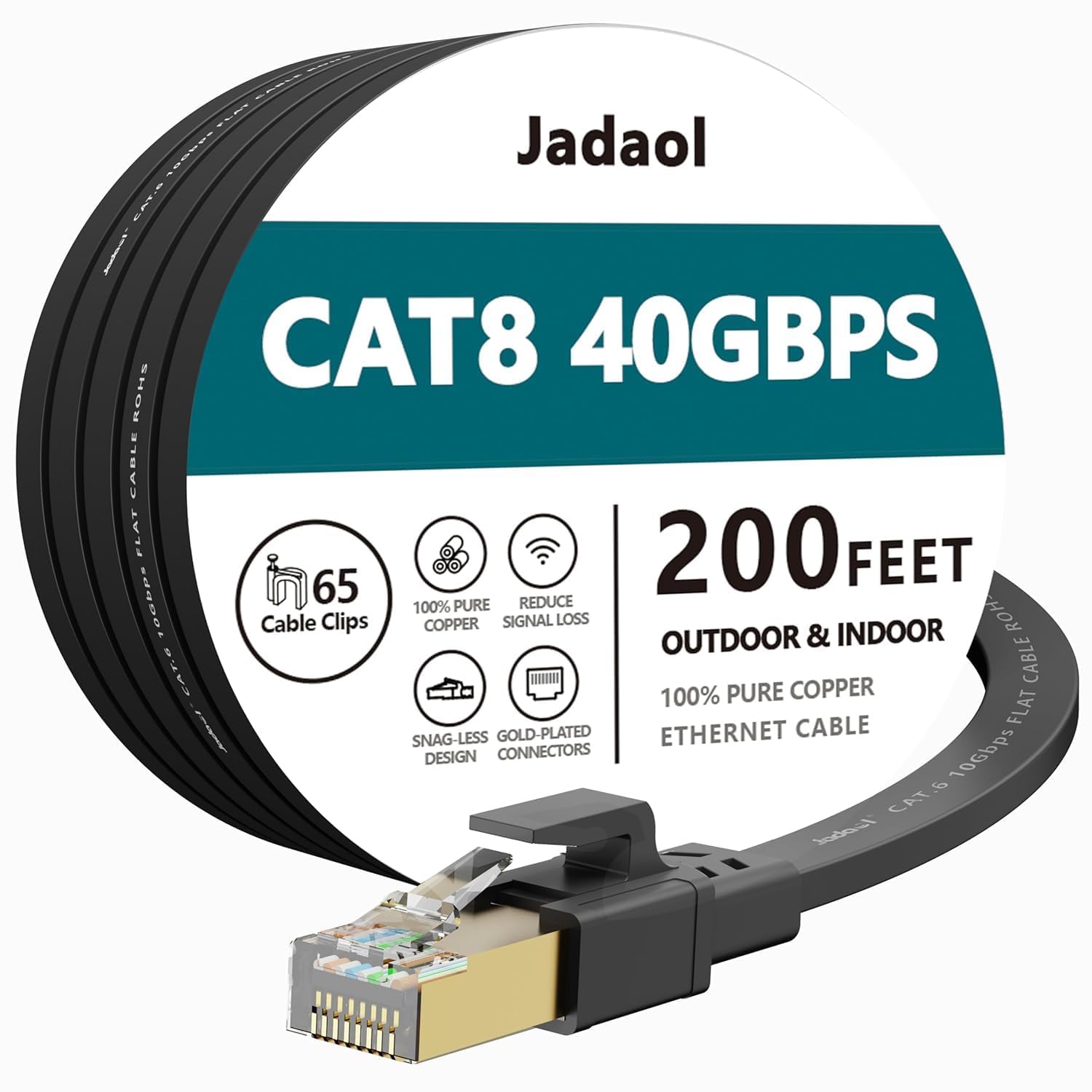 Câble Ethernet Cat8, extérieur et intérieur, 60 m, câble réseau LAN Cat 8 haute vitesse, 40 Gbit/s, 2000 MHz, cordon de raccordement plat pour ordinateur Internet, résistant aux intempéries, S/FTP