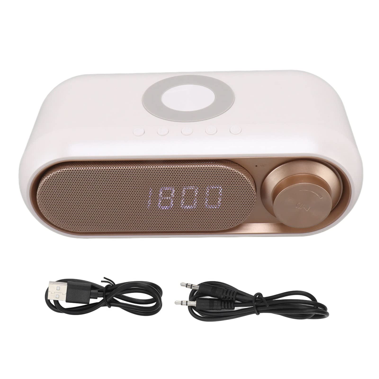 Reloj Despertador Digital, Radio Reloj Despertador con Altavoz Bluetooth de Carga Inalámbrica LED Reloj Despertador Digital Simple y Moderno Altavoz de Radio FM con Cargador (Spray Oro 10W)