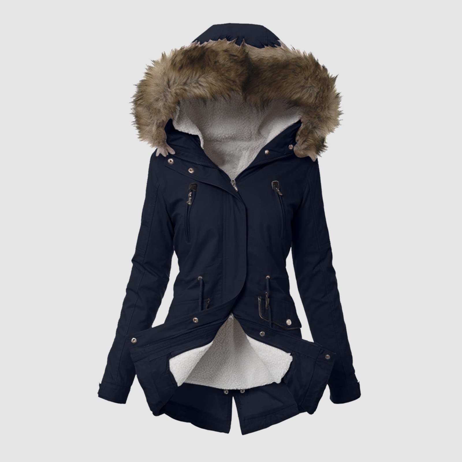 Veste d'hiver mi-longue pour femme - Parka matelassée - Veste matelassée en fourrure synthétique - Veste à capuche - Veste softshell légère et respirante