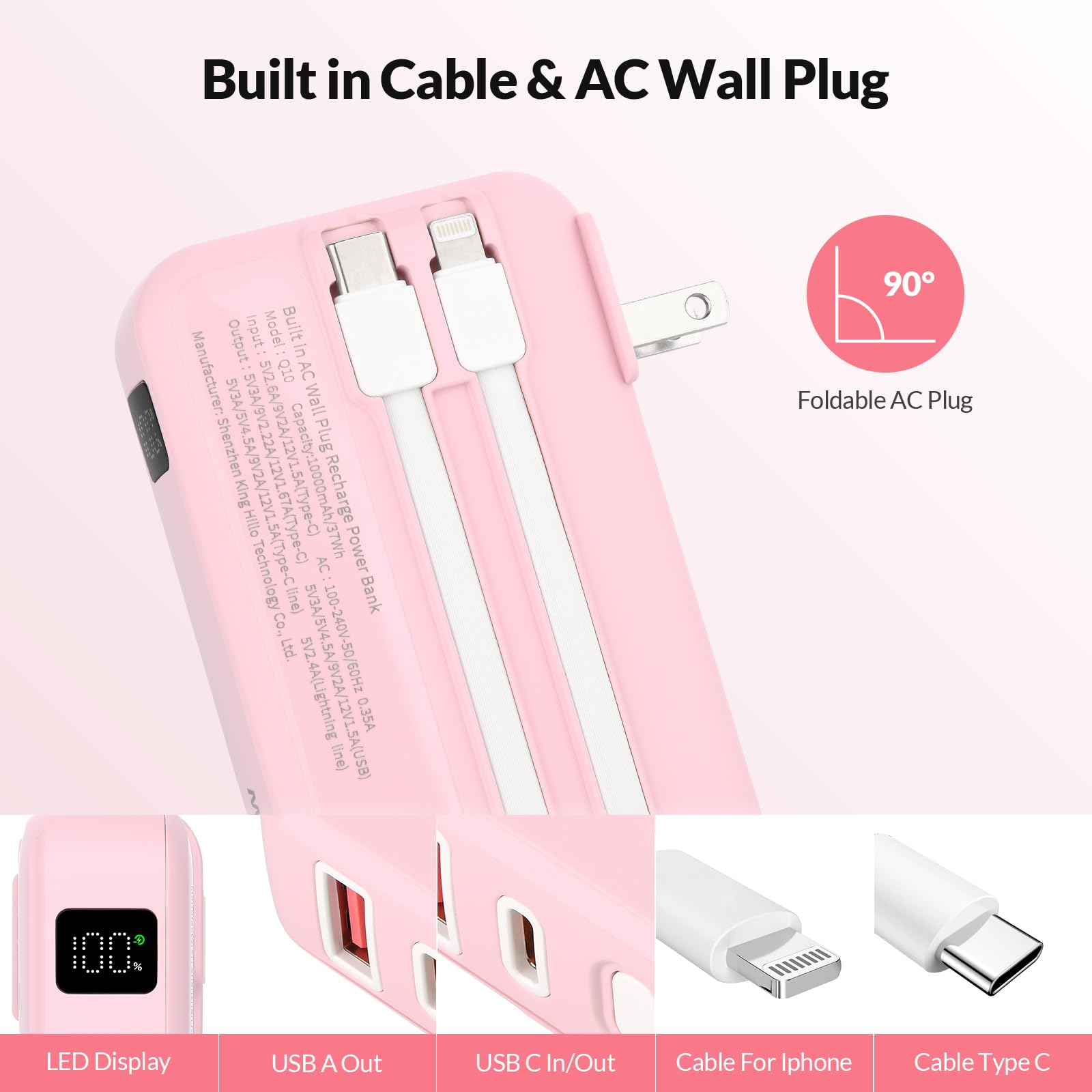 Portable Charger 10000mah with Built in Cables and AC Wall Plug, 22.5W Fast Charging Power Bank with LED display, 4 Outputs 3A Travel Battery Pack for iPhone 16/15/14/13, Samsung, Android, iPad(Pink)
