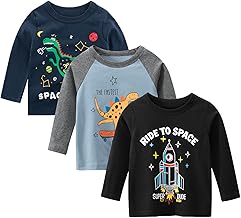 amropi Bébé Garçons Dinosaure T-Shirt à Manches Longues Lot de 3 Coton Tee Shirt Top pour 1-8 Ans
