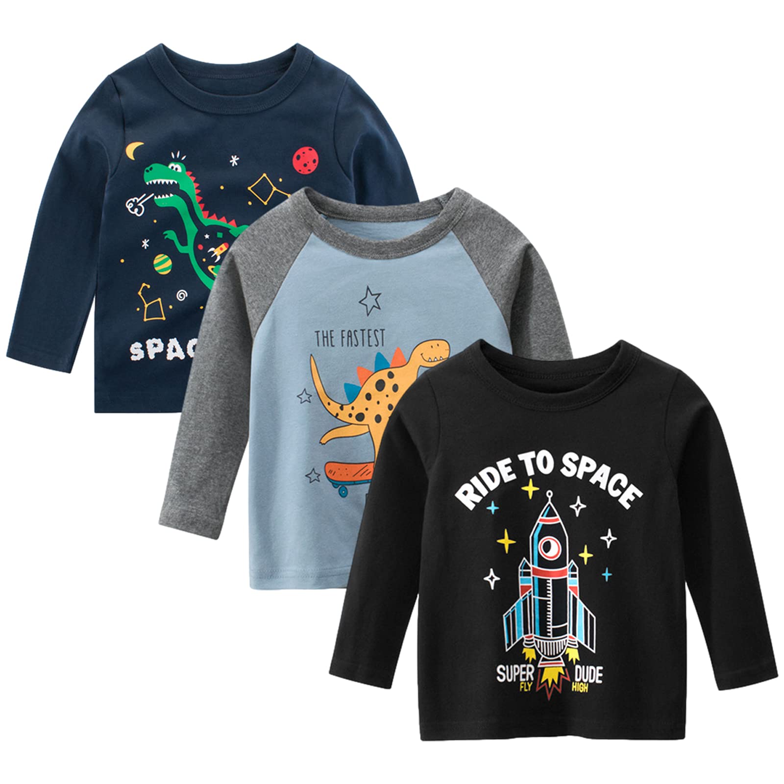 amropi Dinosaurio T-Shirt Bebé Niños Pack de 3 Camiseta de Manga Larga Algodón Tops para 1-8 Años