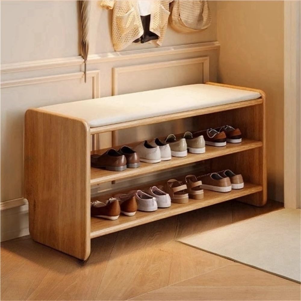 Banc à chaussures en bois naturel de 100 cm avec assise rembourrée et étagère de rangement