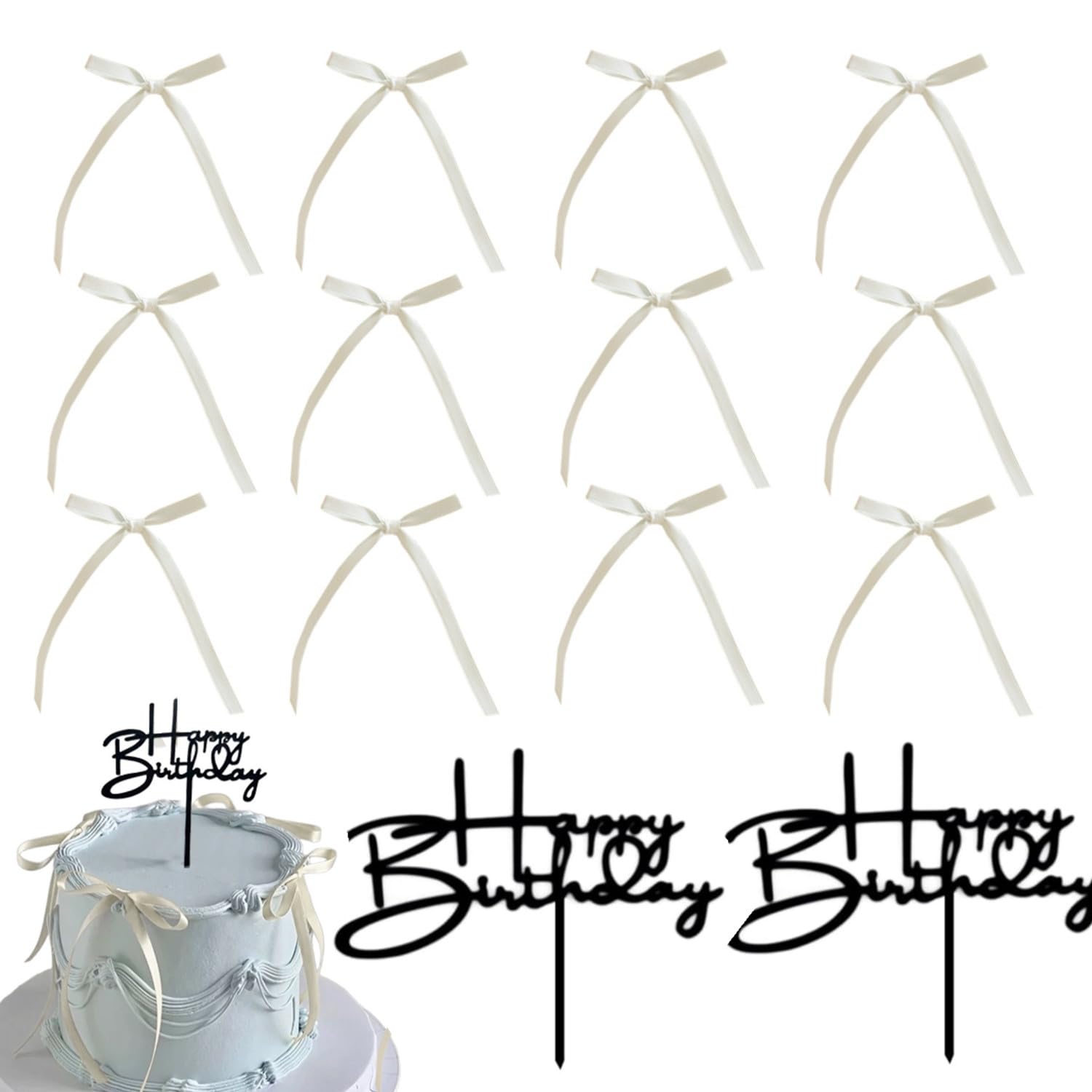 32 Stück Kuchendeko Schleifen Set mit 30 Schleifen und 2 Happy Birthday Tortenstecker, Vintage Kuchenaufsatz für Geburtstagstorte, Cupcake Deko, Torten Dekoration Weiß Geburtstag Kuchenaufsätze
