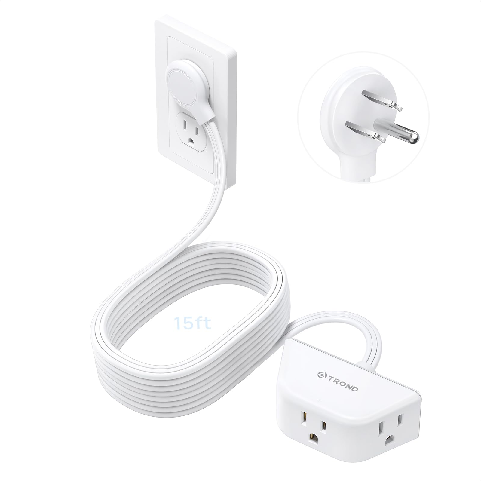 TROND Rightward Flat Extension Cord 15 ft - Flat Plug Power Strip 3 Prong, 3 Plug Extension Outlets, Thin Power Cord Extension for Indoor Home Office