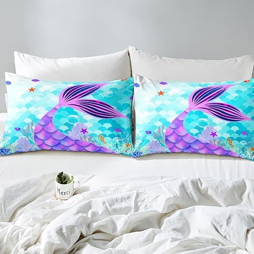 Miniatura 3 de Erosebridal Juego de edredón de sirena para niñas, edredón acolchado con escamas de pez azul verdoso, edredón de plumón del mundo submarino para