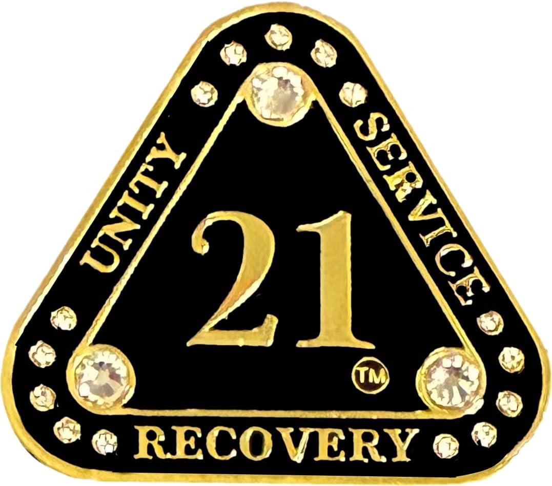 (1-55 Years) AA 38-Year "Midnight Crystals" Triangle Coin - Alcoholics Anonymous Medallion, AA Sobriety Medallion, Triangular Sobriety Chip, Clear Crystals, Golden, Black Rainbow Glitter