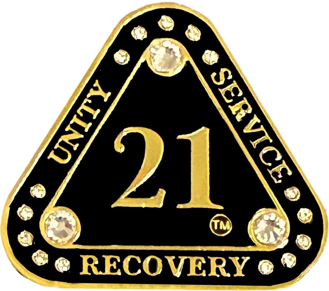 (1-55 Years) AA 21-Year "Midnight Crystals" Triangle Coin - Alcoholics Anonymous Medallion, AA Sobriety Medallion, Triangular Sobriety Chip, Clear Crystals, Golden, Black Rainbow Glitter