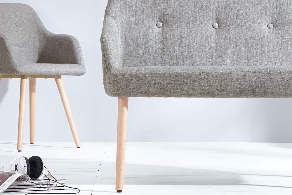 invicta INTERIOR Design Sitzbank Scandinavia hellgrau mit Armlehne Bank Buche Gestell im Retro Trend