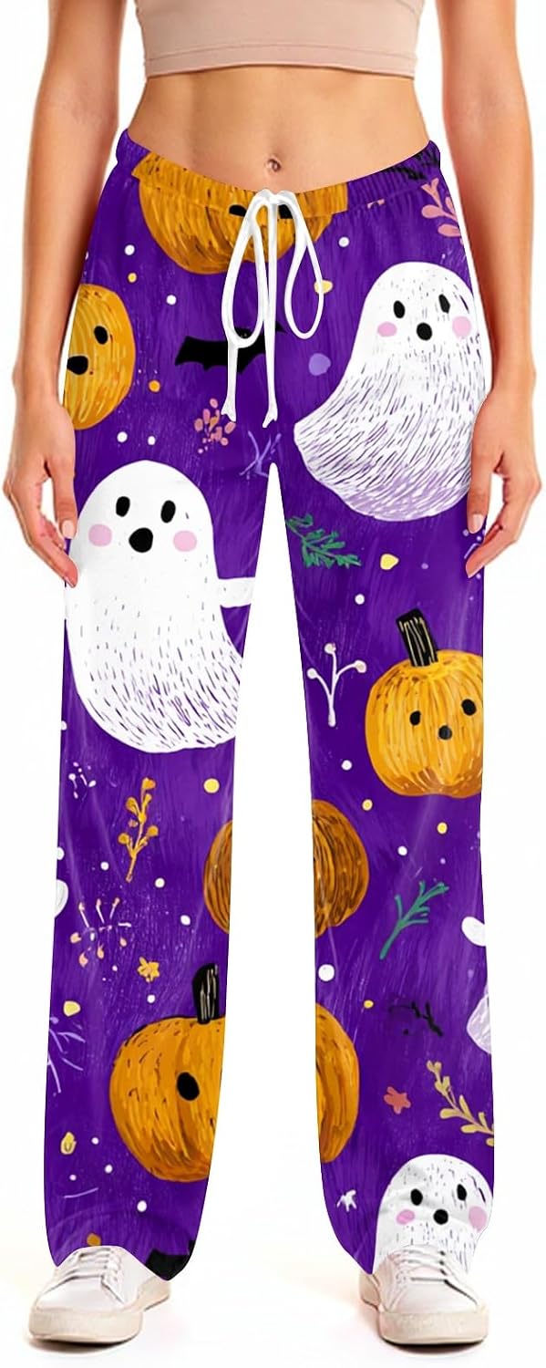 Women Halloween Pajama Pants Drawstring High Waist Pants Pumpkin Print Wide Leg Soft Lounge Sleep Pajamas