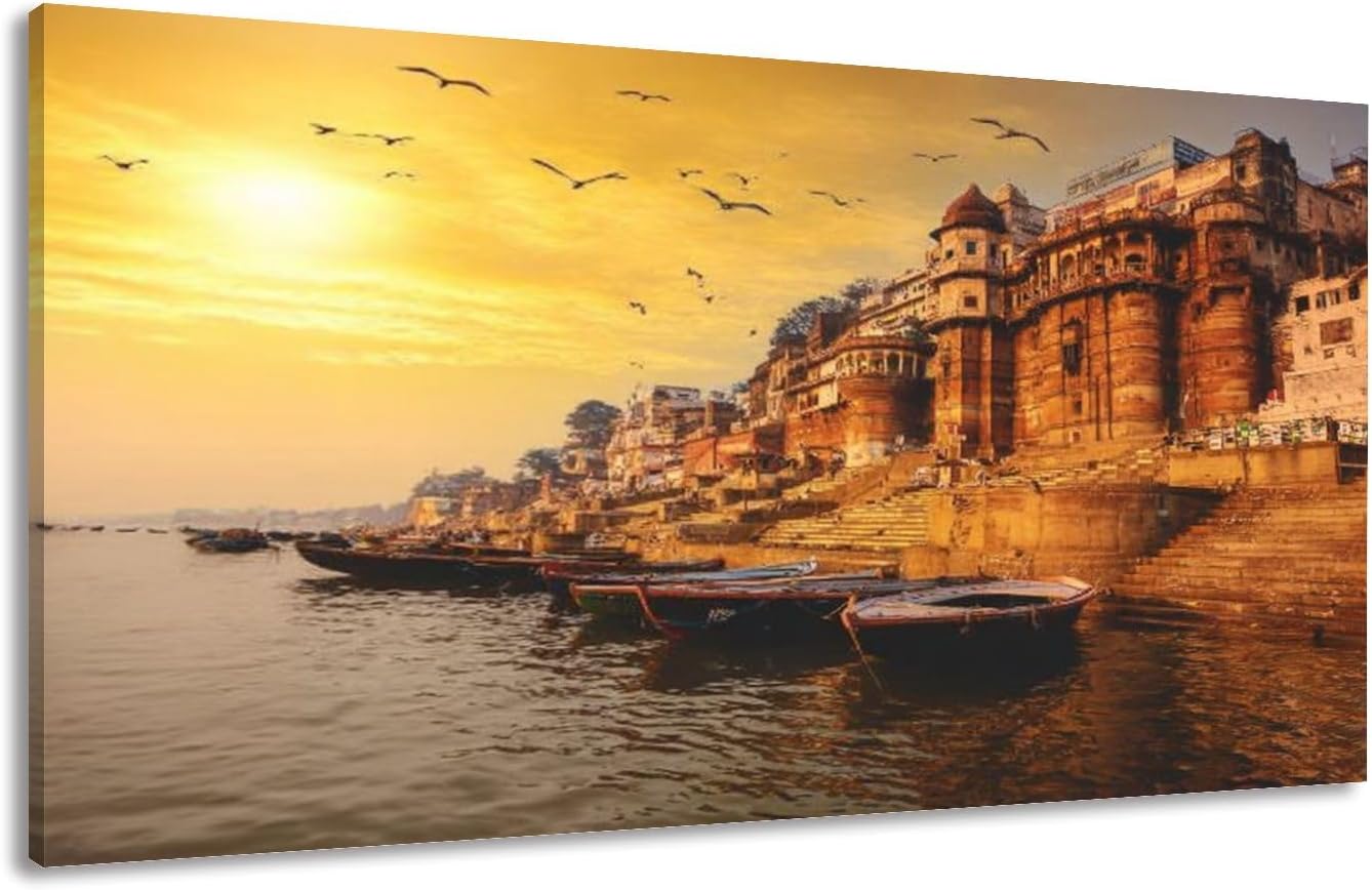 Canvas Wall Art Prints varanasi ganges river ghat ancient city architecture as viewed Large Framed Artwork Wall Paintings Pictures Posters 24"x48" Wall Decor for Living Room Office Bedroom