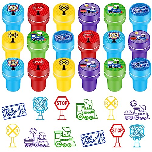 Image of PerKoop 60 Pieces Train Party Favors Stampers for Kids Train Birthday Party Supplies Goody Bag Stuffer Filler Carnival Rewards Toddler Friends Theme Favors Decorations Class Prizes