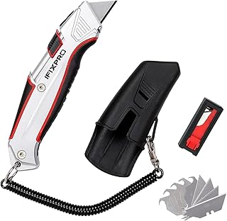 Self-retracting box cutter with holster with belt clip, auto retractable safety utility knife with total 10 pcs SK5 blade...