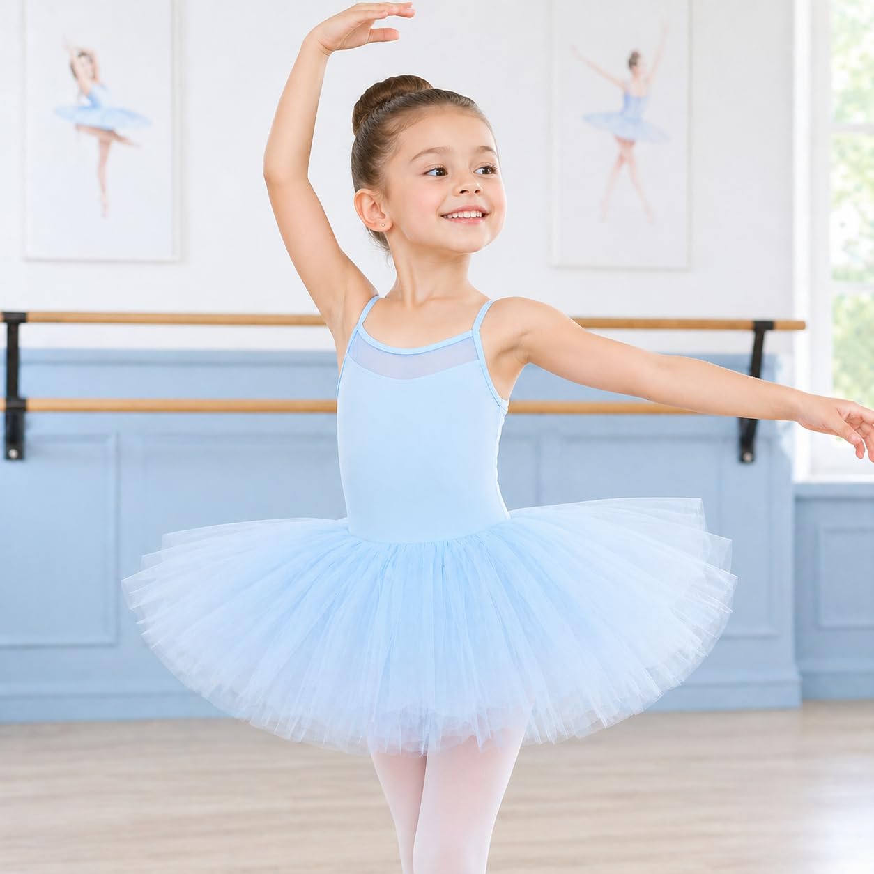 Tutú Vestido de Ballet de niña, Maillot de Danza de Tirantes con Falda de Tul y Transparencias, Tres Colores a Elegir, Moda de Baile Infantil