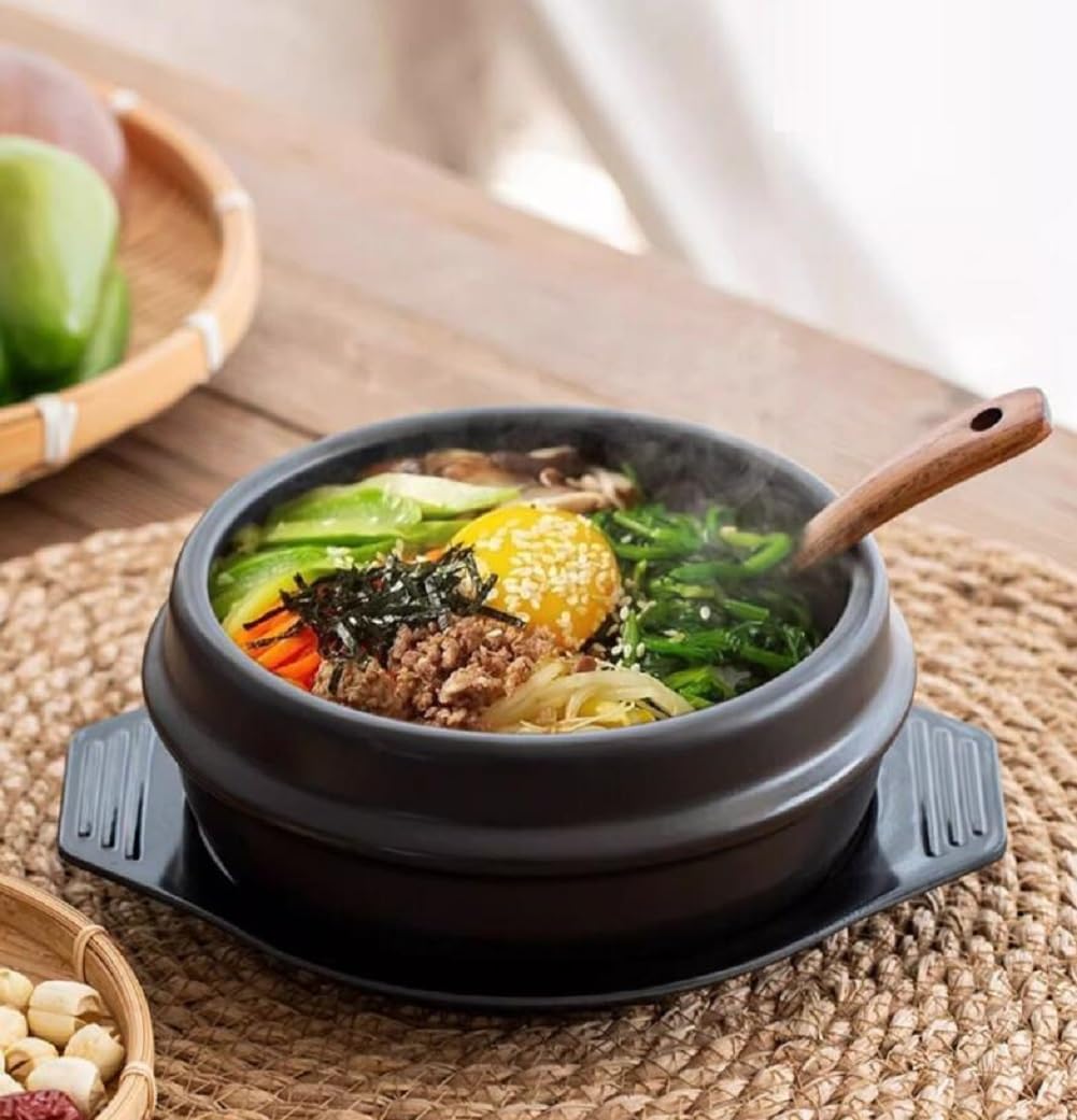 Cuenco De Piedra Coreano para Cocinar Bibimbap, Apta para Altas Temperaturas con Bandeja, Cerámica Bowl Olla De Piedra Antiadherente, para Bibimbap Sopa, Negro,800ML