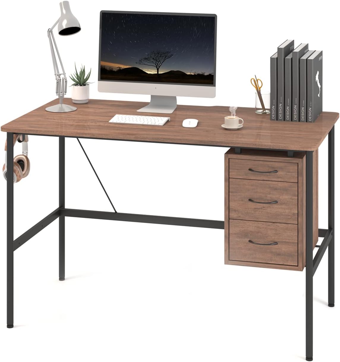 LINSY HOMEComputer Desk 47 inch with 3 Drawer, Writing Desk Study Table with Monitor Stand Groove for Home Office, Brown