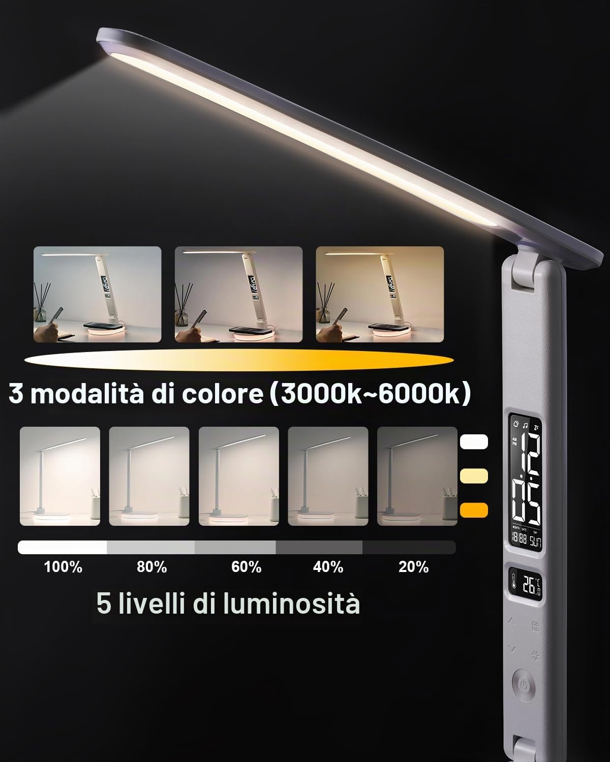 Lampada da Tavolo con Caricabatterie Wireless da 10W, Ricarica USB, 3 Colori e 5 Livelli di Luminosità, Lampada da Tavolo Touch Control con Temperatura Orologio RGB per Cameretta, Ufficio