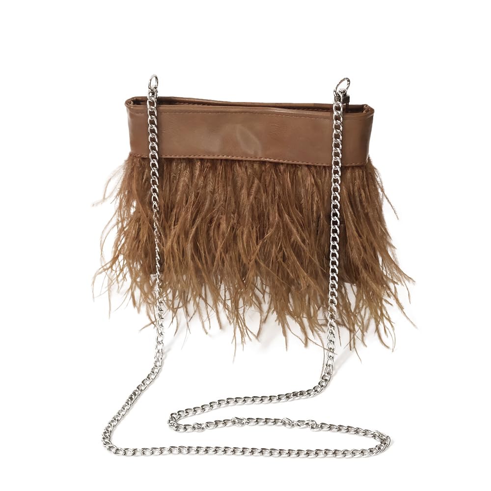 LAGO DE SAC Women Natural Fluffy Ostrich Feather Evening Clutch Purse Shoulder Crossbody Bag (Brown)