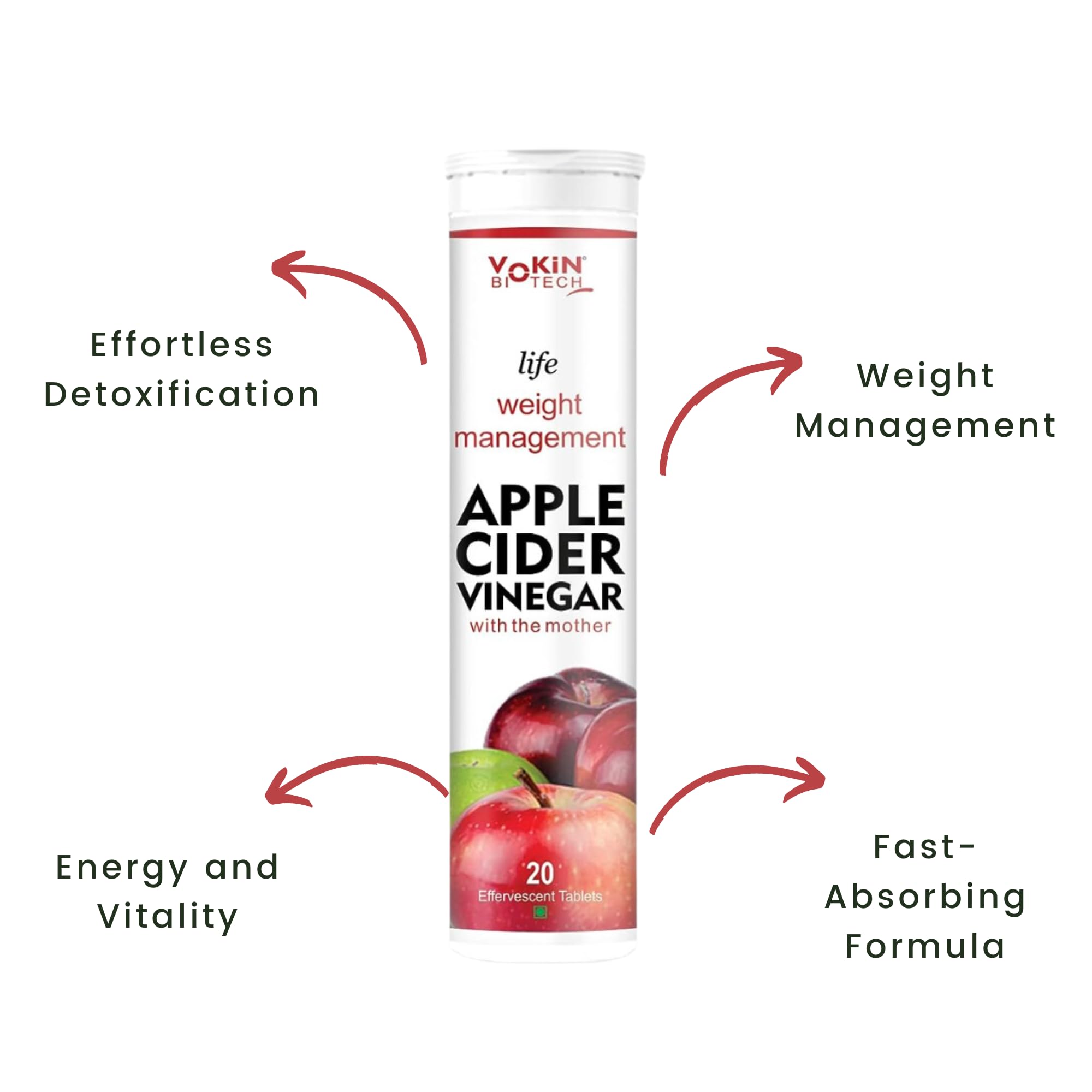Vokin Biotech World's First Apple Cider Vinegar -20 Effervescent Tablets Vitamin C for Detox & Weight Management with Green Apple Flavor (Pack of 1) 1