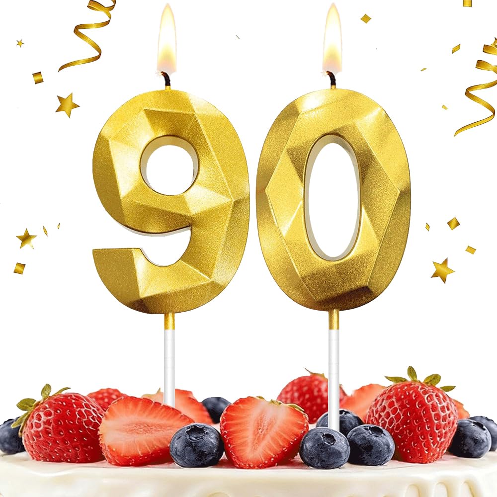 Hlwgfjdy Gold 90Th Birthday Candles Number 90 Cake Topper Happy Birthday Cake Decorations 3D Designed For 90Th Birthday Party, Candles For Birthday Anniversary Celebration Party Supplies