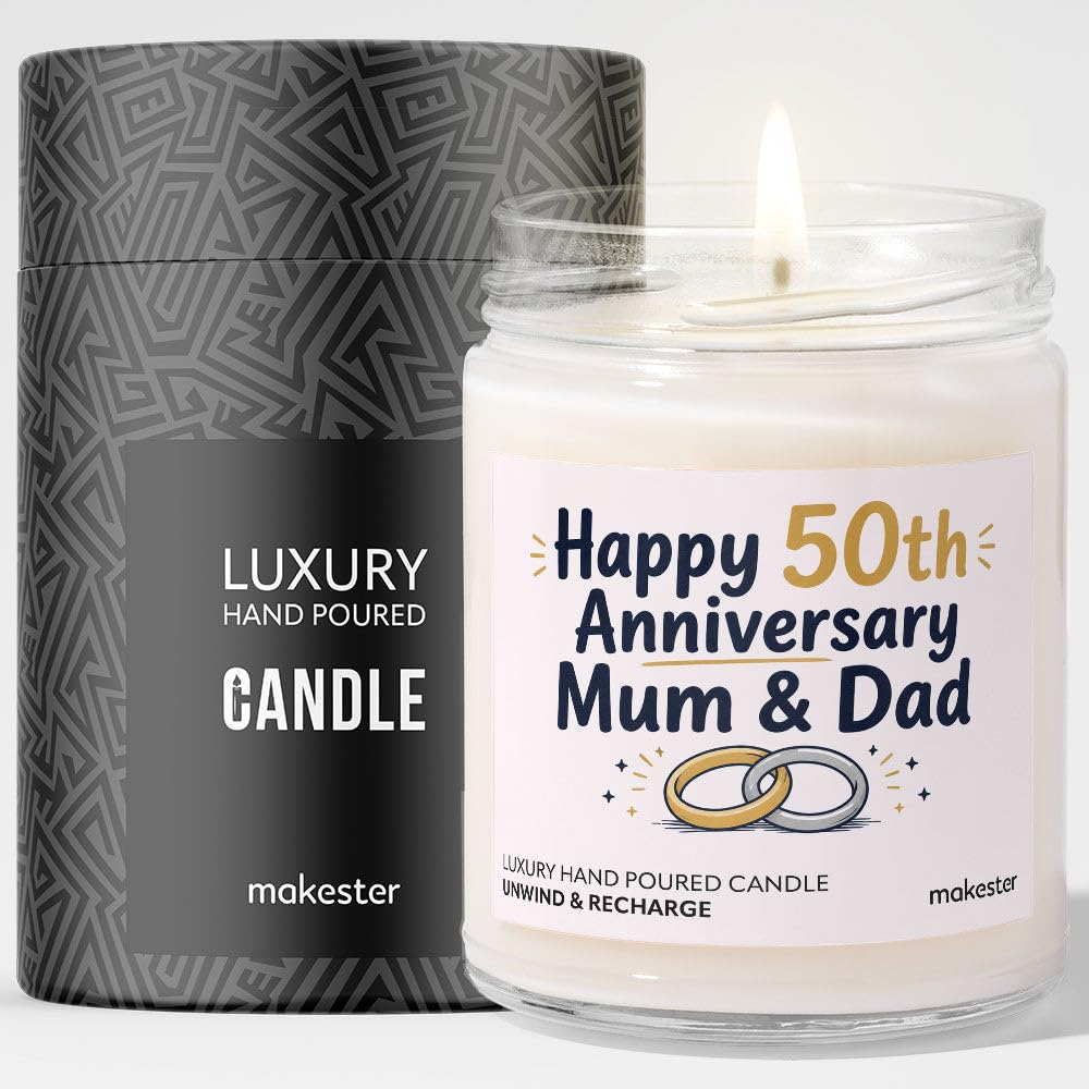 50th Anniversary Candle Gift for Parents - Luxury Soy Wax Candle - Vanilla, Jasmine, Sugared Almond - Makester — image 1